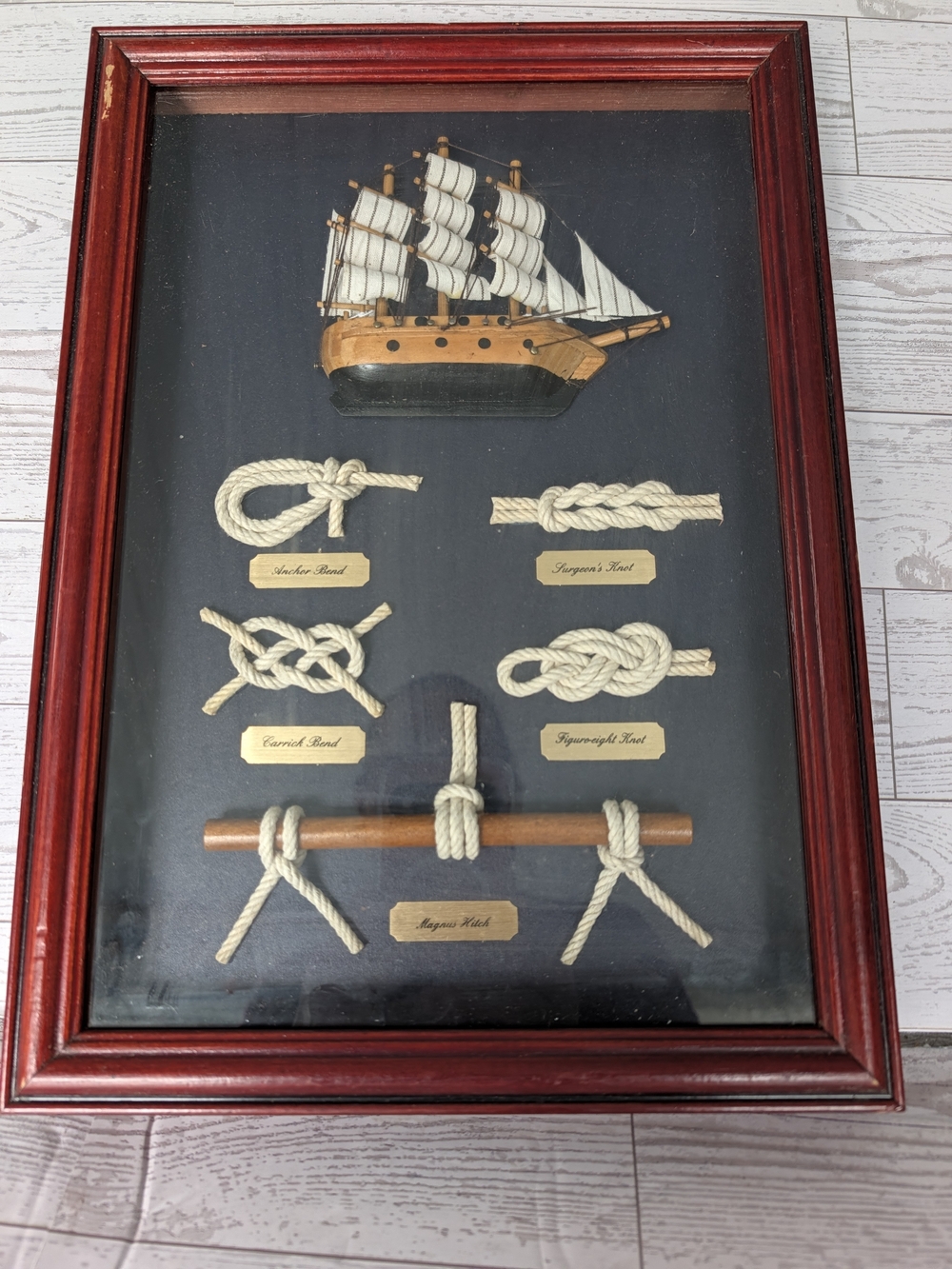 Vtg Maritime Shadow Box: Hand-Tied Knots & 3D Wood Sailing Clipper Ship